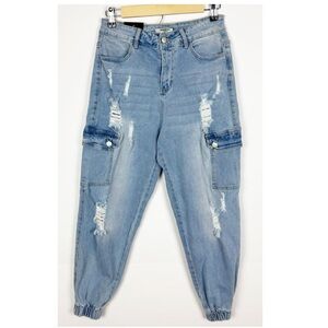 American Bazi Los Angeles Denim Joggers Baggy Distressed Denim Pockets Small